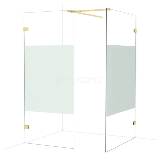 Begehbare Duschen IDB0912523GLG Duschwand mit Mattglas und goldfarbenen Details, moderne Eckanordnung für stilvolle Badezimmergestaltung.