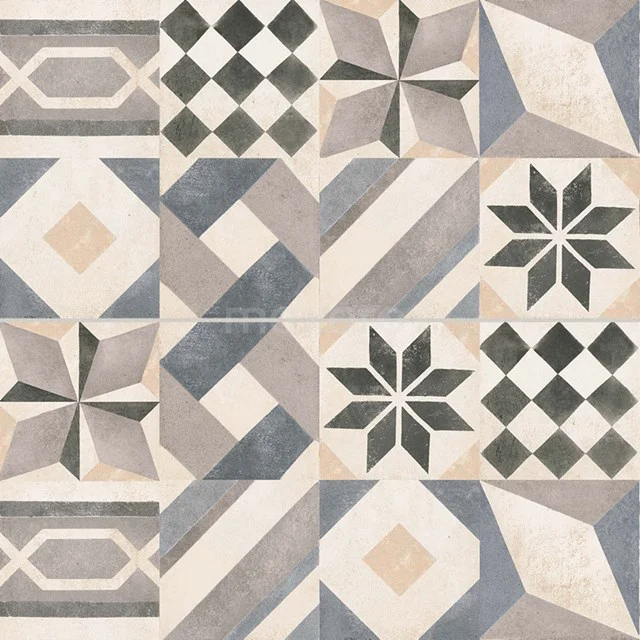 Bodenfliese/Wandfliese Vision Decor 30x60cm Multicolour 501-100311 Graue keramische Badezimmerfliese mit Vintage-Muster, Mischung aus geometrischen Formen und Blumenmotiven, dekorativ und langlebig.