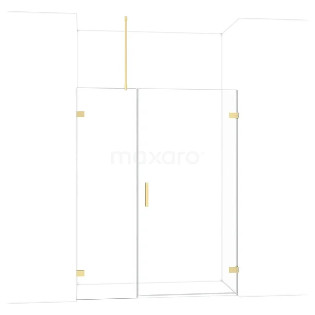 Glass shower wall with brass details, matte gold finish, modern design for a stylish bathroom.