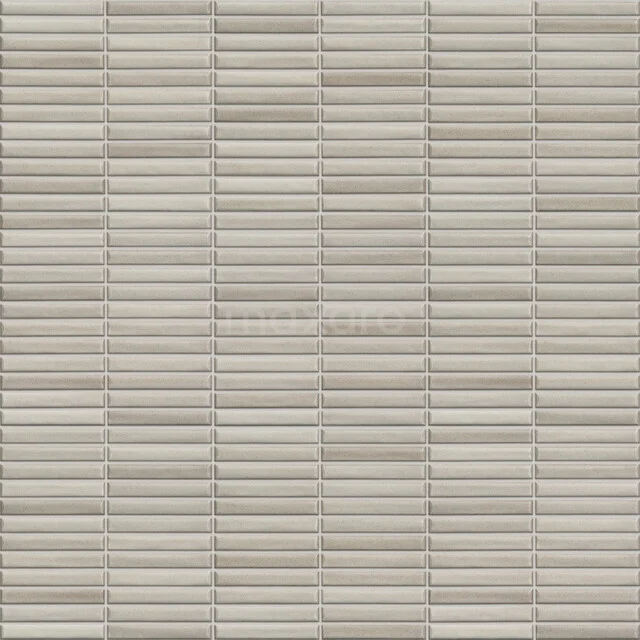 Beige keramische Mosaikfliese mit schmalen rechteckigen Streifen, perfekt für stilvolle Badezimmerwände.