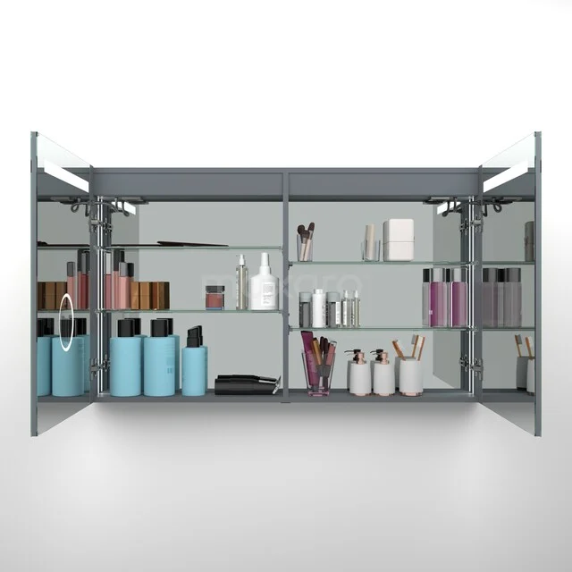 Grey aluminium bathroom cabinet with open doors, adjustable glass shelves and space for toiletries.