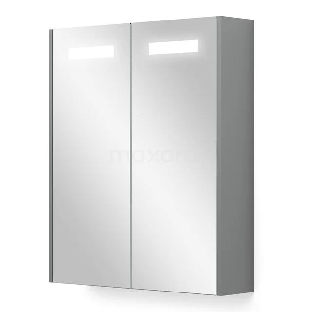 Spiegelkast Met Verlichting en Verwarming Modulo 60x70cm Middengrijs K95-0600-59000-03 Dubbele spiegelkast met geïntegreerde LED-verlichting, modern aluminium design; ideaal voor georganiseerde badkameropslag.
