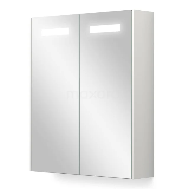 Weißer Badschrank mit zwei Spiegeltüren, integrierter LED-Beleuchtung und schlankem Design, ideal für moderne Bäder.
