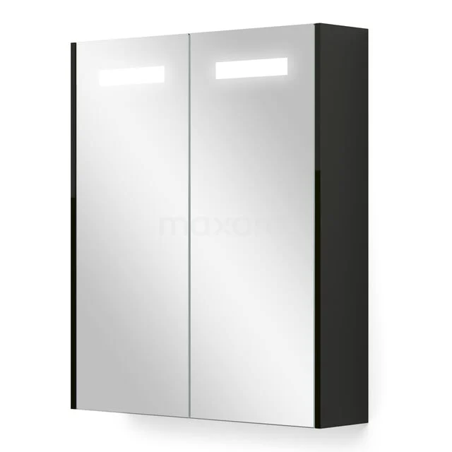 Schwarzer Spiegelschrank mit Doppelspiegeldoor-Design und integrierter LED-Beleuchtung, modern und funktional.
