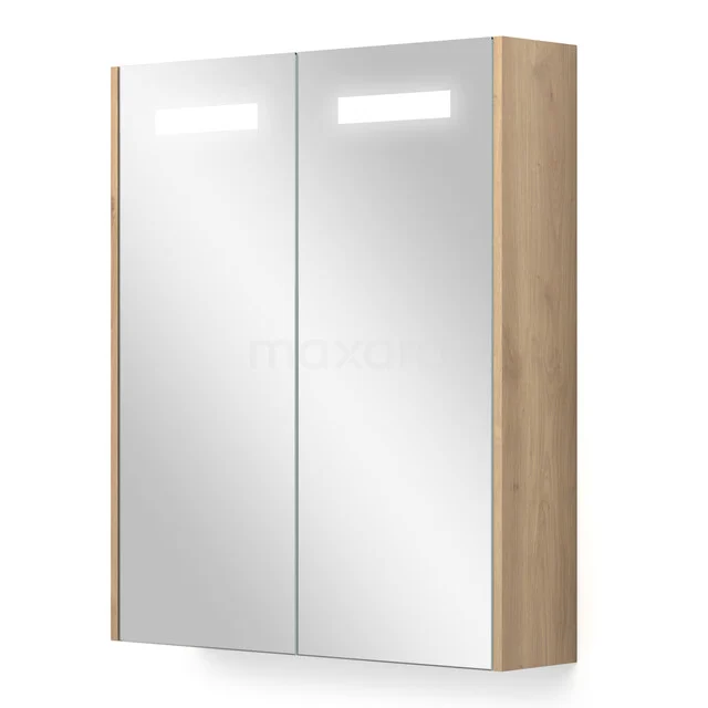 Mirror Cabinet with Lighting and Heating Modulo 60x70cm Light Brown Oak K95-0600-59000-34 Wooden bathroom cabinet with double mirrored doors and built-in LED lighting for modern bathroom storage.