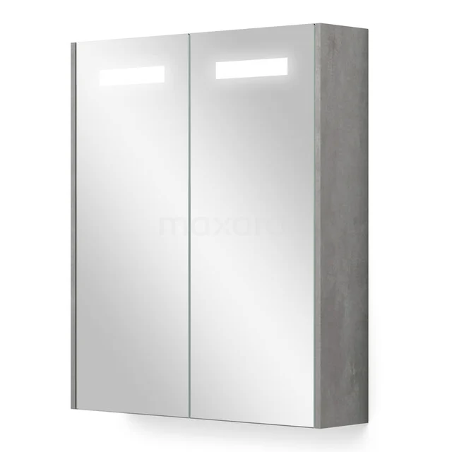 Badezimmer Spiegelschrank mit Doppelspiegel Türdesign, Holzlook Rahmen und integrierter LED-Beleuchtung, modern und praktisch.