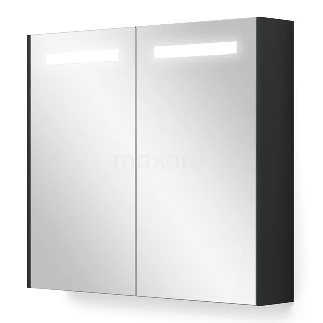 Spiegelkast Met Verlichting en Verwarming Modulo 80x70cm Mat Zwart K95-0800-59000-01 Zwart-wit badkamer spiegelkast met dubbele deuren, ingebouwde ledverlichting en strakke moderne uitstraling.
