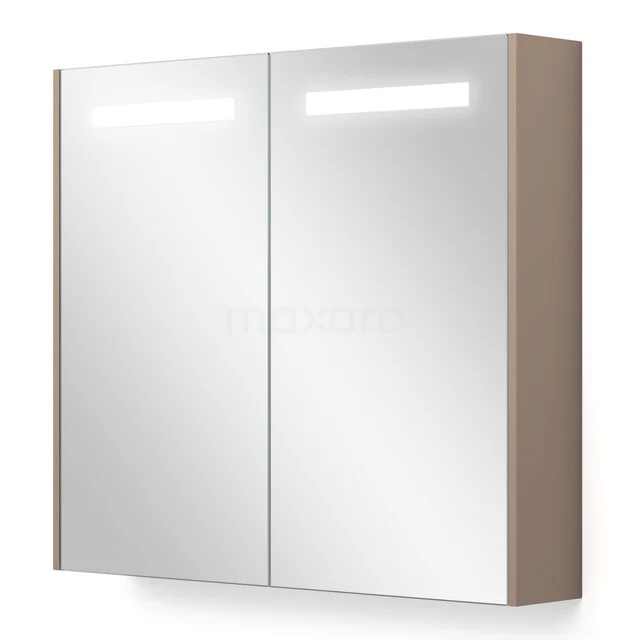 Mirror cabinet with LED lighting, wood-look sides, double mirrored doors and modern design for a stylish bathroom.