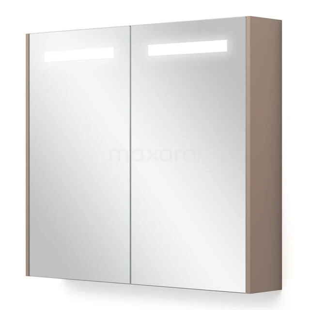 Spiegelkast Met Verlichting en Verwarming Modulo 80x70cm Taupe K95-0800-59000-02 Spiegelkast met LED-verlichting, houtlook zijkanten, dubbele spiegeldeuren en modern design voor een stijlvolle badkamer.