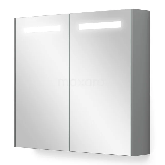 Mirror cabinet with integrated LED lighting, silver colour, sleek design, ideal for modern bathrooms.