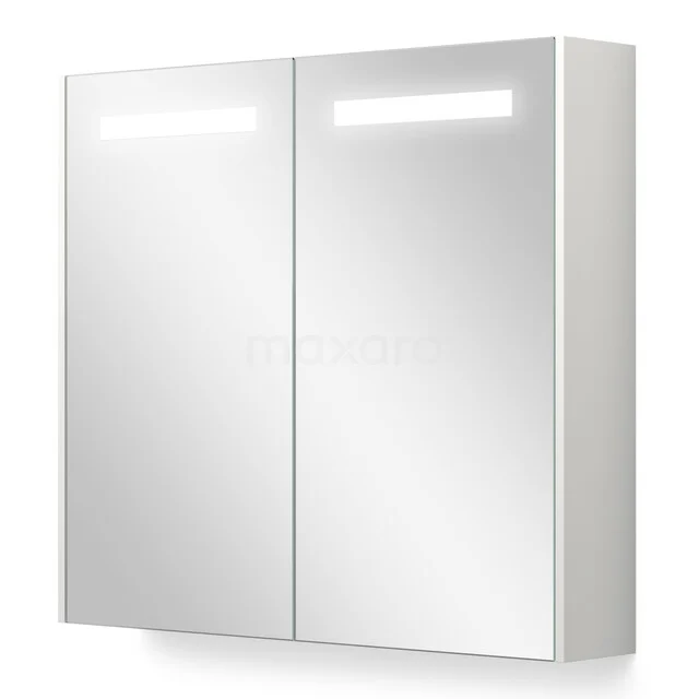 Weiße Badezimmer Spiegelschrank mit LED-Beleuchtung, zwei Spiegeltüren und modernem Design, ideal für stilvolle Badezimmerlagerung.