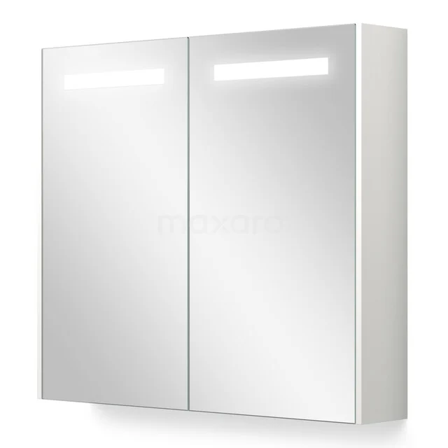 Weißer Aluminium Badschrank mit doppelten Spiegeltüren und integrierter LED-Beleuchtung, modernes Design.