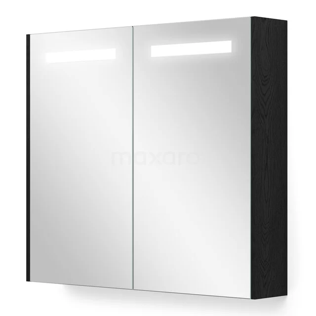 Mirror Cabinet with Lighting and Heating Modulo 80x70cm Black Oak K95-0800-59000-31 Black-and-white mirror cabinet bathroom with LED lighting, modern design and double doors, ideal for elegant storage space.