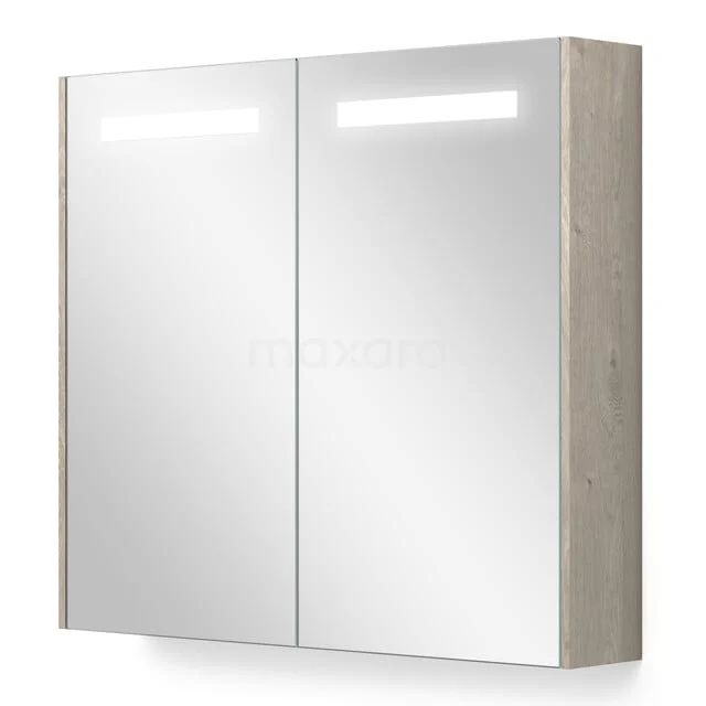 Spiegelkast Met Verlichting en Verwarming Modulo 80x70cm Lichtgrijs Eiken K95-0800-59000-33 Spiegelkast met LED-verlichting, houtlook afwerking, ideaal als stijlvolle opbergruimte voor de badkamer.