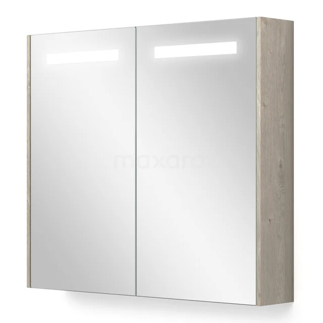 Spiegelschrank mit LED-Beleuchtung, Holzoptik-Finish, ideal als stilvoller Stauraum für das Badezimmer.