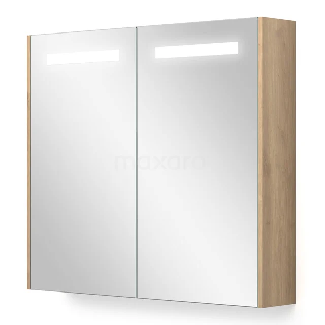 Houten badkamerkast met twee spiegeldeuren en geïntegreerde LED-verlichting, ideaal voor moderne badkamers.