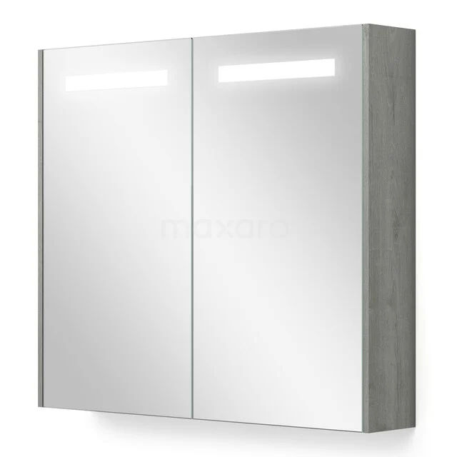 Spiegelkast Met Verlichting en Verwarming Modulo 80x70cm Grijs Eiken K95-0800-59000-39 Spiegelkast met LED-verlichting, dubbele deuren, houtlook zijkanten, ideaal als opbergruimte voor een moderne badkamer.