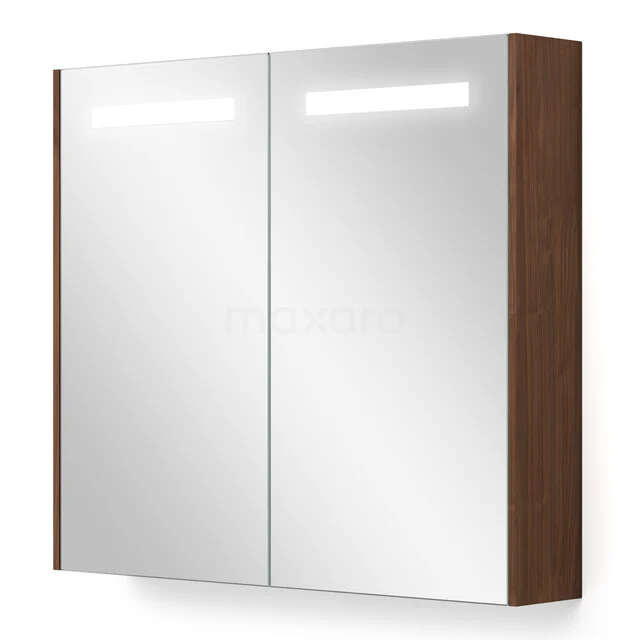 Wooden bathroom cabinet with mirrored doors, LED lighting, and modern design for stylish bathroom storage.