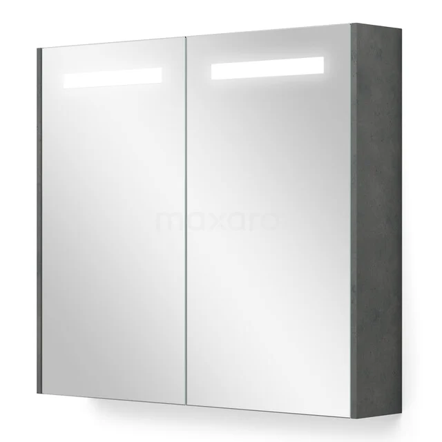 Spiegelkast Met Verlichting en Verwarming Modulo 80x70cm Donkergrijs Beton K95-0800-59000-51 Grijze badkamerkast met twee spiegeldeuren, geïntegreerde led-verlichting en moderne afwerking van houtlookmateriaal.