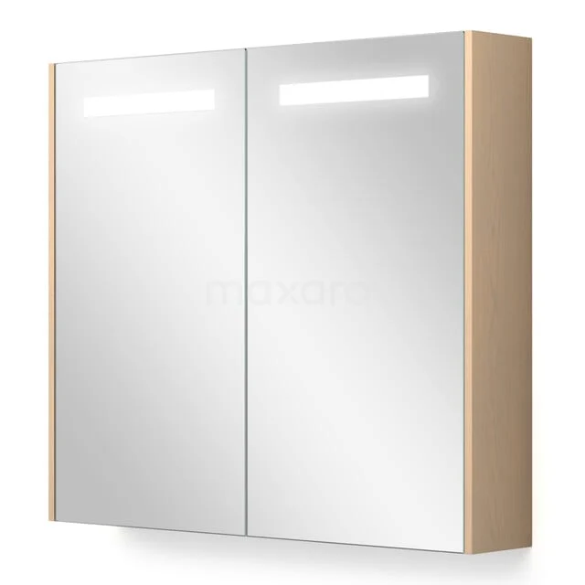 Wooden bathroom cabinet with mirrored doors and integrated LED lighting, ideal for modern bathrooms.