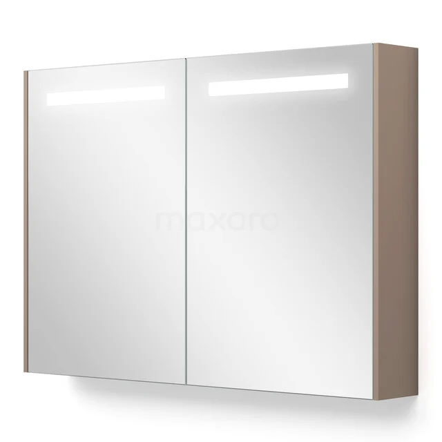 Spiegelkast Met Verlichting en Verwarming Modulo 100x70cm Taupe K95-1000-59000-02 Houten badkamer spiegelkast met dubbele deuren, geïntegreerde LED-verlichting en modern design.