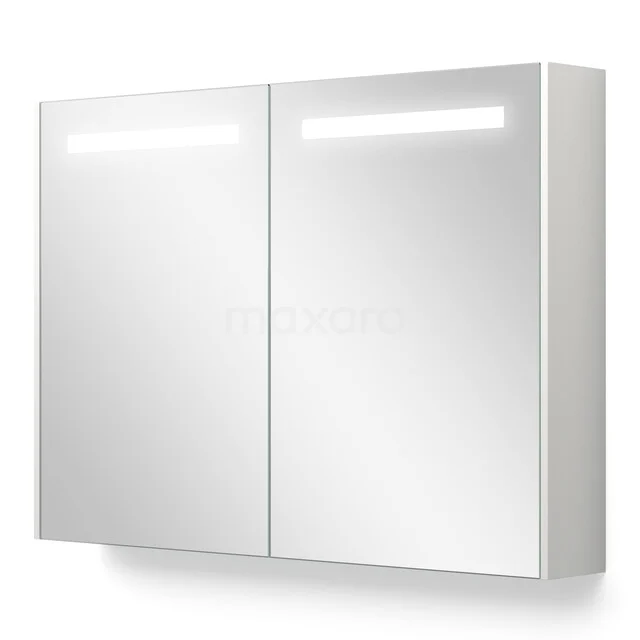 White mirror cabinet with LED lighting, modern design, ideal for bathroom storage, equipped with two mirrored doors.