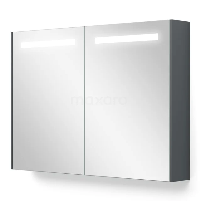 Wandhangende spiegelkast met LED-verlichting en grijze zijkanten, perfect voor moderne badkamers.