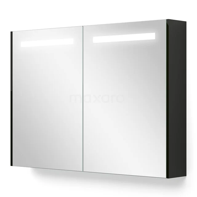 Spiegelschrank mit Beleuchtung und Heizung Modulo 100x70cm Hochglanz Schwarz K95-1000-59000-11 Schwarz-weiß Badezimmer Spiegelschrank mit LED-Beleuchtung, moderne rechteckige Form und doppelte Türen, ideal für Stauraum.
