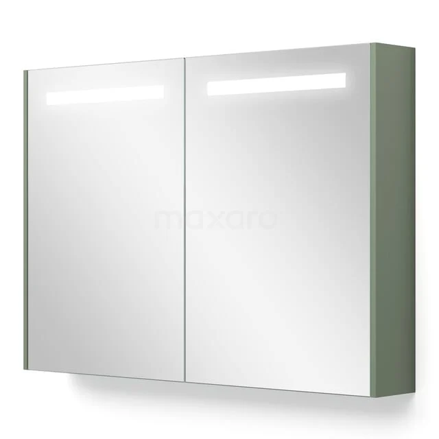 White bathroom mirror cabinet with LED lighting, double door design, sleek finish and modern appearance.