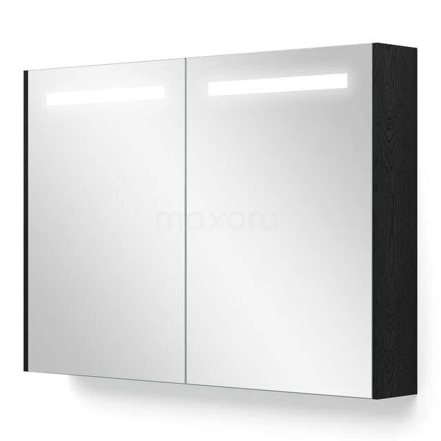 Schwarzer Spiegelschrank mit LED-Beleuchtung, zweiteilige Spiegeltüren, modernes Design, ideal für einen klaren Badezimmerstil.