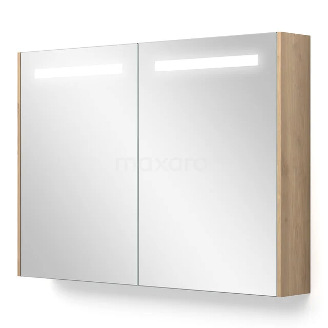 Wood-look mirror cabinet with LED lighting, double mirrored doors and sleek design for a stylish bathroom.