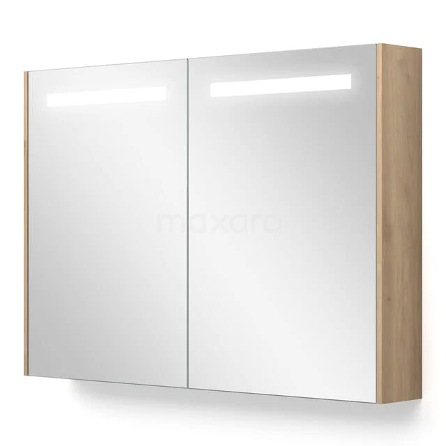 Spiegelkast Met Verlichting en Verwarming Modulo 100x70cm Lichtbruin Eiken K95-1000-59000-34 Spiegelkast houtlook met LED-verlichting, dubbele spiegeldeuren en strak design voor een stijlvolle badkamer.