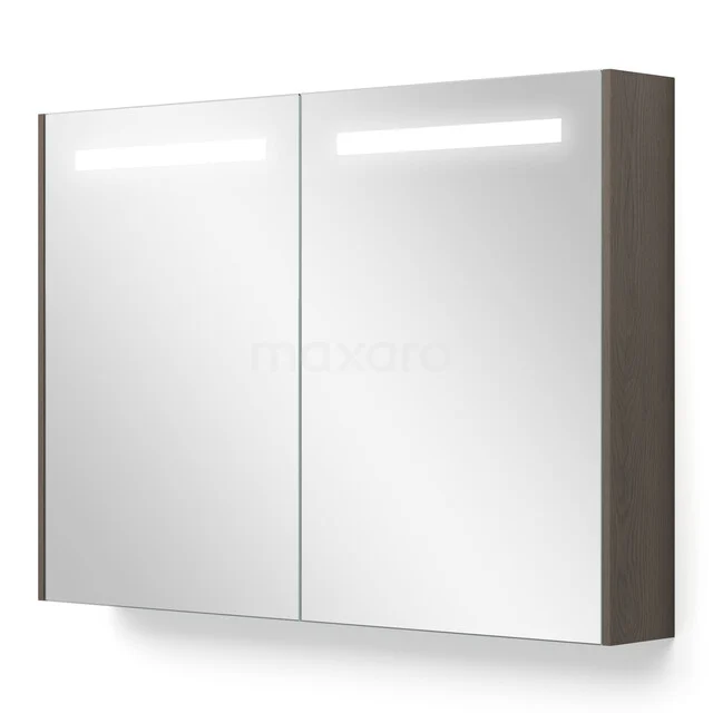 Mirror Cabinet with Lighting and Heating Modulo 100x70cm Dark Brown Oak K95-1000-59000-37 Illuminated mirror cabinet with double mirrored doors, wood-look sides and LED lighting for modern bathroom storage.