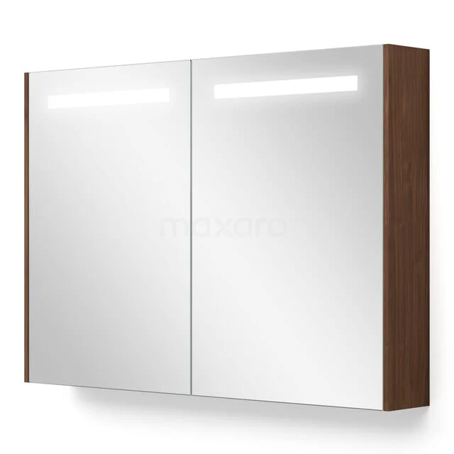 Spiegelkast Met Verlichting en Verwarming Modulo 100x70cm Walnoot K95-1000-59000-45 Spiegelkast met LED-verlichting, houtlook zijpanelen, tweedelige spiegel, perfect als stijlvolle opberger in de badkamer.