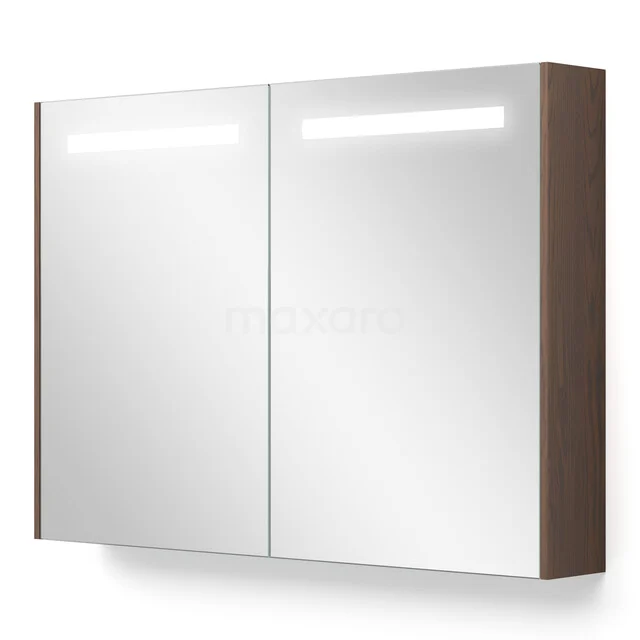 Wooden bathroom cabinet with mirrored doors, built-in LED lighting and sleek design, perfect for modern bathrooms.