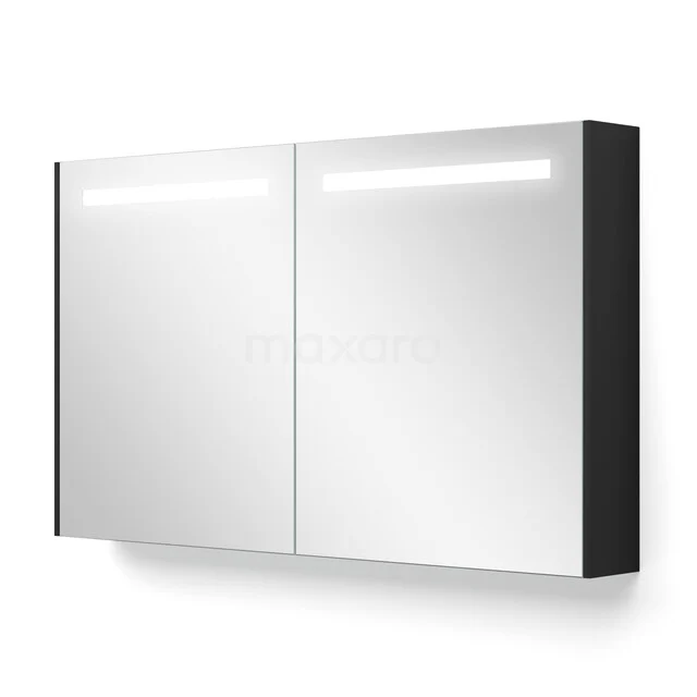 Doppelter Spiegelschrank mit LED-Beleuchtung, Schwarz-Weiß-Design, ideal als stilvolle Aufbewahrungslösung im modernen Badezimmer.