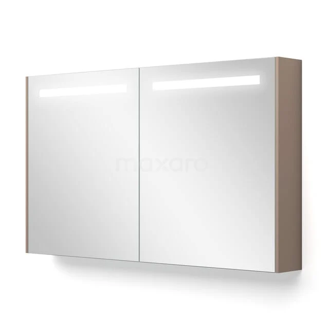 Bathroom cabinet with mirrored doors, LED lighting and wooden sides, ideal for stylish bathroom storage.