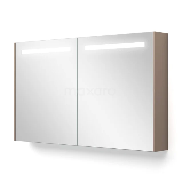 Spiegelkast Met Verlichting en Verwarming Modulo 120x70cm Taupe K95-1200-59000-02 Badkamerkast met spiegeldeuren, LED-verlichting en houten zijkanten, ideaal voor stijlvolle badkameropslag.