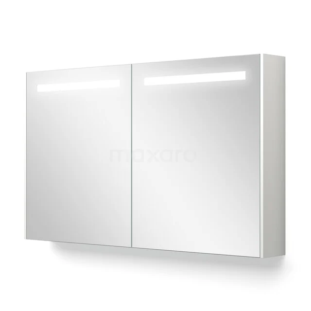 White mirror cabinet with double doors, LED lighting and sleek design, ideal as storage for a modern bathroom.