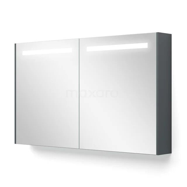 Spiegelkast Met Verlichting en Verwarming Modulo 120x70cm Donkergrijs K95-1200-59000-06 Grijze spiegelkast met LED-verlichting, moderne afwerking en tweedelige deuren, ideaal voor georganiseerde badkameropslag.