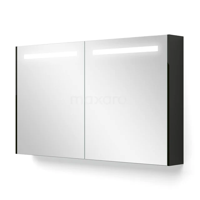 Black and white mirror cabinet with LED lighting and two doors, perfect for extra storage space in the bathroom.
