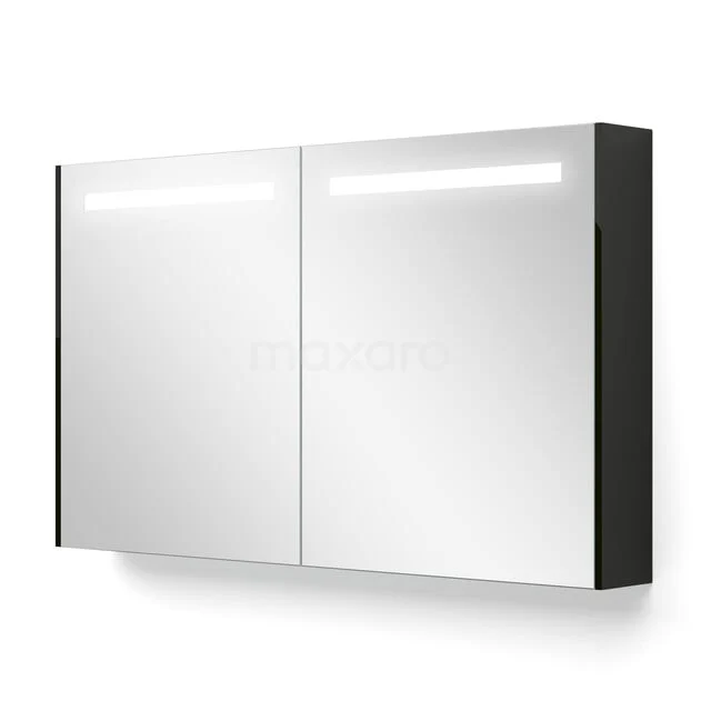 Spiegelkast Met Verlichting en Verwarming Modulo 120x70cm Hoogglans Zwart K95-1200-59000-11 Zwart-witte spiegelkast met LED-verlichting en twee deuren, perfect voor extra opbergruimte in de badkamer.