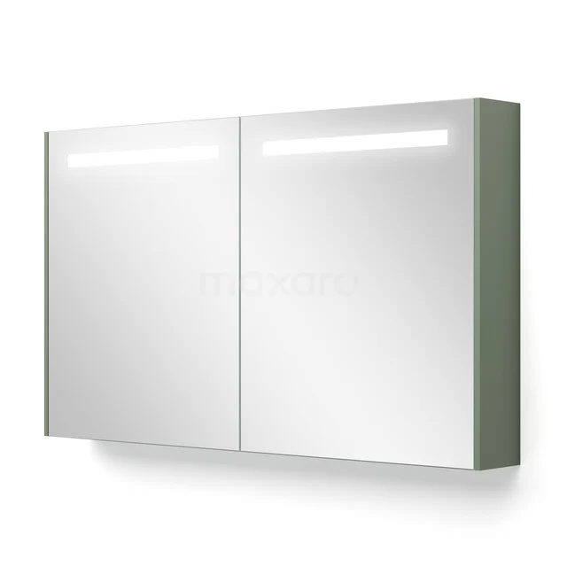 Spiegelkast Met Verlichting en Verwarming Modulo 120x70cm Saliegroen K95-1200-59000-12 Wandspiegelkast met LED-verlichting, dubbeldeurs, modern design, wit frame; ideaal voor badkameropslag en verlichting.
