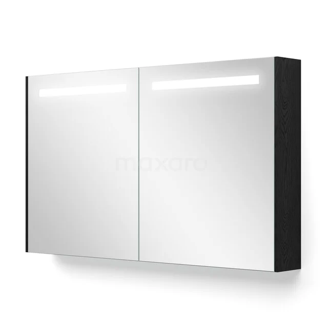 Black mirrored cabinet with double doors, built-in LED lighting and sleek design, ideal for modern bathrooms.