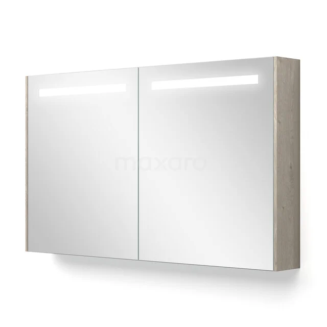 Spiegelkast Met Verlichting en Verwarming Modulo 120x70cm Lichtgrijs Eiken K95-1200-59000-33 Houten badkamer spiegelkast met LED-verlichting, dubbele deuren, en modern ontwerp voor stijlvolle opbergruimte.