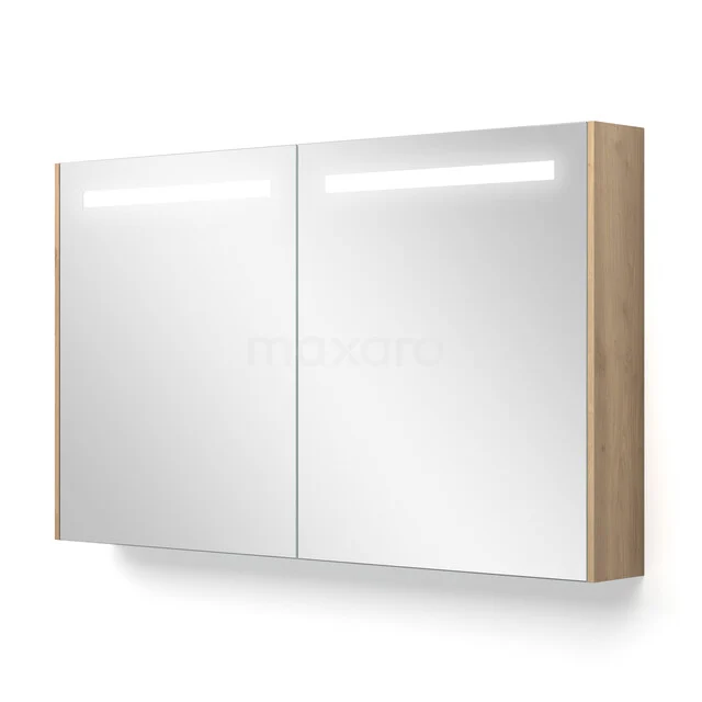 Mirror Cabinet with Lighting and Heating Modulo 120x70cm Light Brown Oak K95-1200-59000-34 Wooden mirror cabinet with two doors, integrated LED lighting, perfect for modern bathroom storage space.