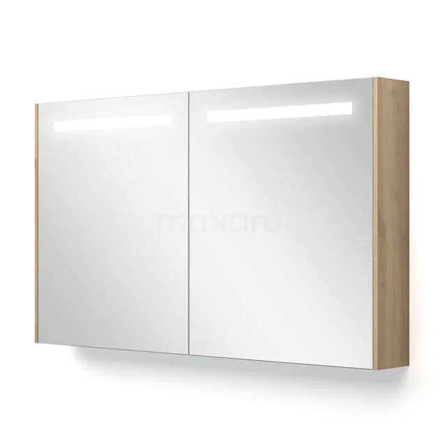 Spiegelkast Met Verlichting en Verwarming Modulo 120x70cm Lichtbruin Eiken K95-1200-59000-34 Houten spiegelkast met twee deuren, geïntegreerde LED-verlichting, perfect voor moderne badkameropbergruimte.