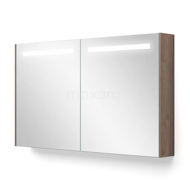 Mirror Cabinet With Lighting and Heating Modulo 120x70cm Mid-Brown Oak K95-1200-59000-36 Wooden bathroom mirror cabinet with double mirror doors, LED lighting and sleek design for a modern bathroom style.