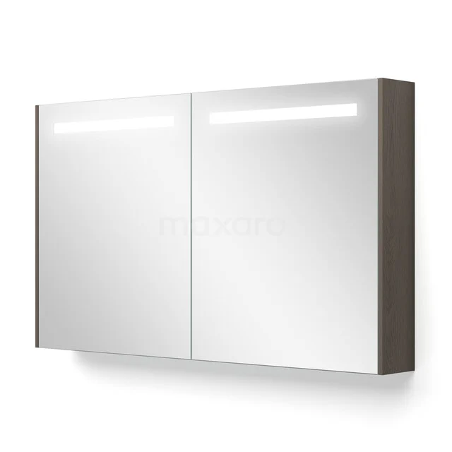 Mirror cabinet with LED lighting, double door design, grey side, ideal for bathroom storage.