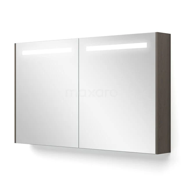 Spiegelschrank mit LED-Beleuchtung, Zweiteiliges Design, graue Seite, ideal für Badezimmerlagerung.